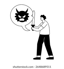Uma ilustração de estilo de desenho mostrando uma pessoa superando o medo 
