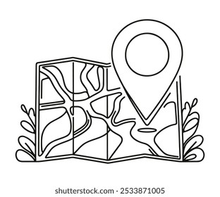 Un dibujo en el estilo de una línea continua sobre un fondo blanco. Punto GPS en el mapa de Gotodas