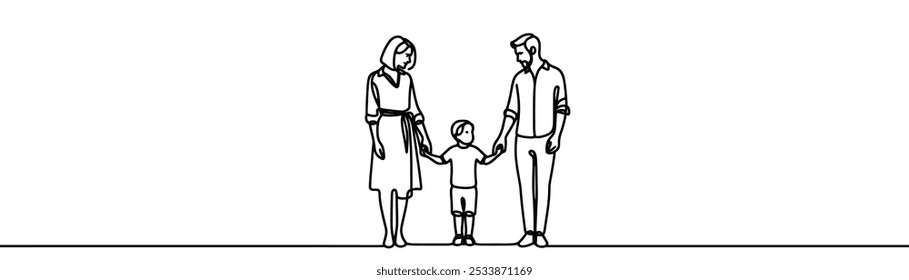 a drawing in the style of one continuous line on a white background. Family holding hands