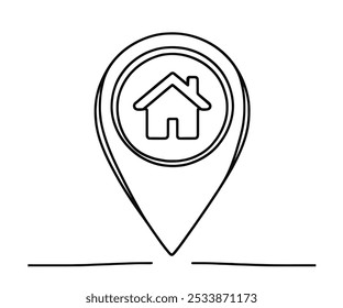 drawing in the style of one continuous line on a white background. house inside the geolocation point
