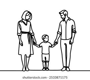 a drawing in the style of one continuous line on a white background. Family holding hands