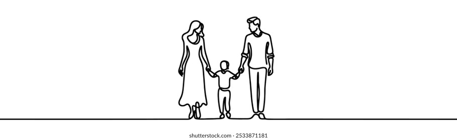 a drawing in the style of one continuous line on a white background. Family holding hands