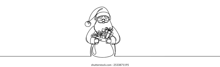 Eine Zeichnung im Stil einer durchgehenden Linie auf weißem Hintergrund. Weihnachtsmann mit einer Tasche Geschenke