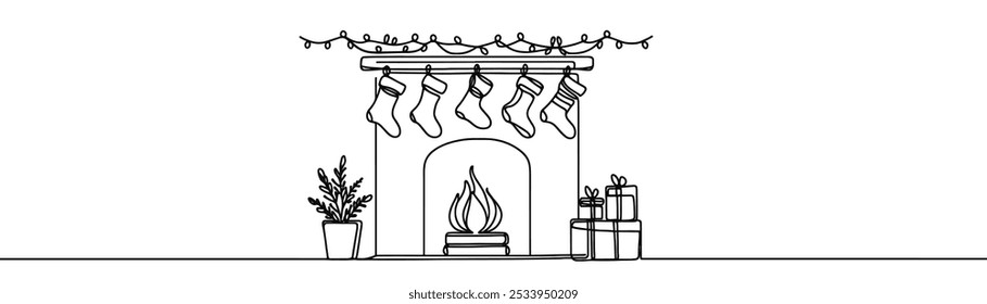 um desenho no estilo de uma linha contínua sobre um fundo branco. Manta de Natal com decorações de meias e presentes