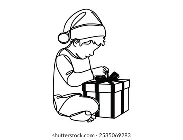 um desenho no estilo de uma linha contínua sobre um fundo branco. Criança no chapéu de Natal com presente aberto