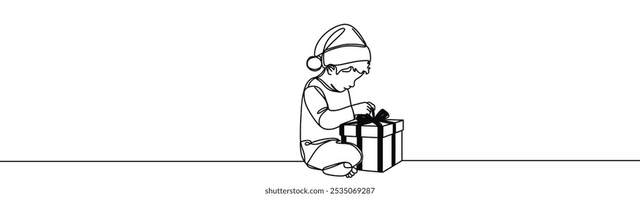 a drawing in the style of one continuous line on a white background. Child in Christmas hat with opens gift