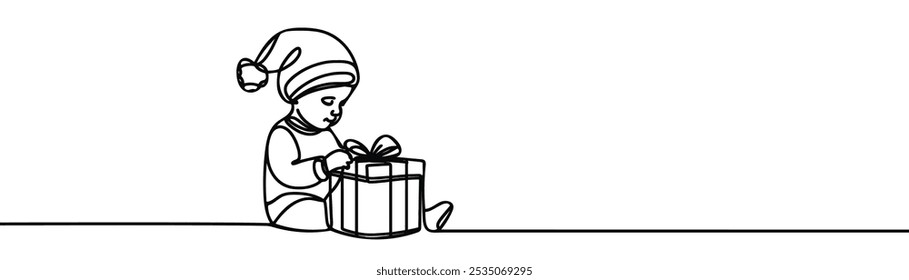 a drawing in the style of one continuous line on a white background. Child in Christmas hat with opens gift