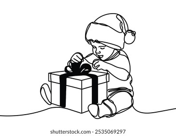 a drawing in the style of one continuous line on a white background. Child in Christmas hat with opens gift