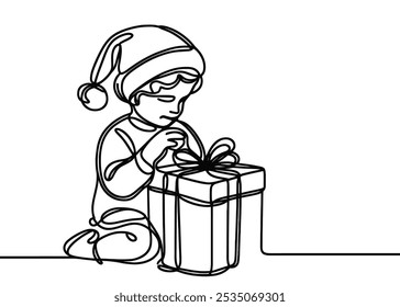 a drawing in the style of one continuous line on a white background. Child in Christmas hat with opens gift