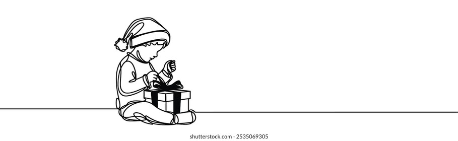 a drawing in the style of one continuous line on a white background. Child in Christmas hat with opens gift