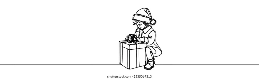 a drawing in the style of one continuous line on a white background. Child in Christmas hat with opens gift