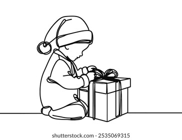 a drawing in the style of one continuous line on a white background. Child in Christmas hat with opens gift
