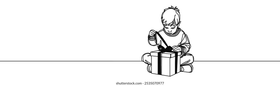 um desenho no estilo de uma linha contínua sobre um fundo branco. Uma criança abre um presente de Natal
