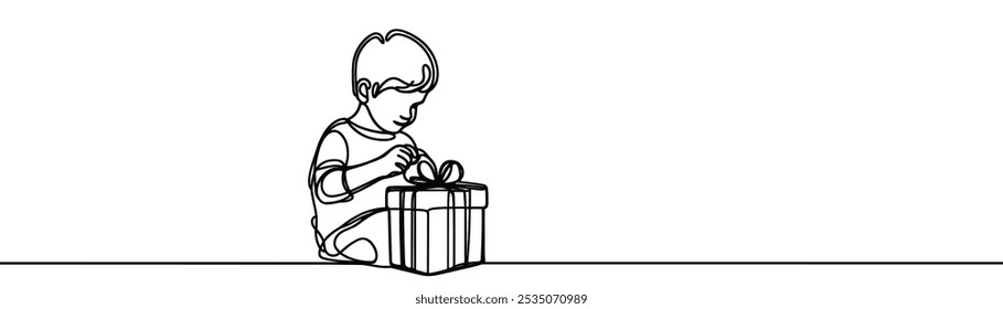 a drawing in the style of one continuous line on a white background. A child opens a Christmas present
