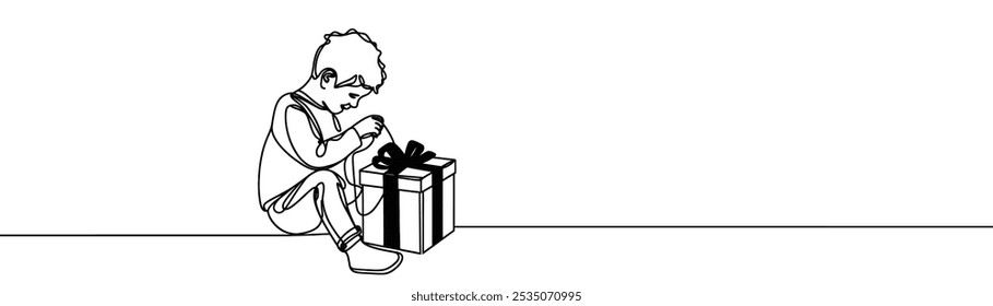 a drawing in the style of one continuous line on a white background. A child opens a Christmas present