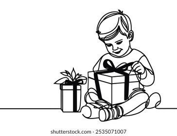 um desenho no estilo de uma linha contínua sobre um fundo branco. Uma criança abre um presente de Natal