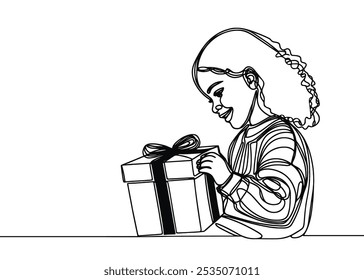 a drawing in the style of one continuous line on a white background. A child opens a Christmas present
