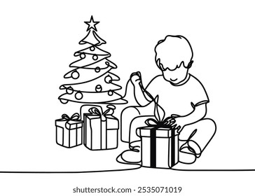 a drawing in the style of one continuous line on a white background. A child opens a Christmas present
