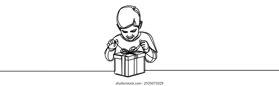 a drawing in the style of one continuous line on a white background. A child opens a Christmas present