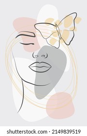 Drawing in the style of one line. A woman's face with a composition in the form of a butterfly. Hand-drawn vector linear art illustration.