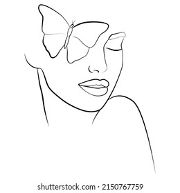 Drawing in the style of one line. A woman's face with a composition in the form of a butterfly. Hand-drawn vector linear art illustration.