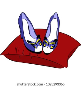a drawing of stylish summer shoes with marrows on a red pillow