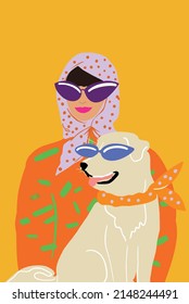 Drawing of a stylish woman in retro style with her dog in sunglasses on background. Vector illustration