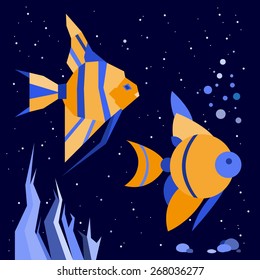 Drawing stylization fish dark blue and orange in blue water with abstract algae stones and bubbles in water