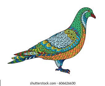 Drawing stylized dove (pigeon). Freehand sketch for adult anti stress coloring book for adultpage with doodle and zentangle elements. Multicolor bright colors