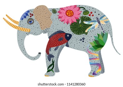 Drawing stylized elephant decorated with dragonfly, lotos, snake and fish. Hand drawn colored illistration. Vector illustration
