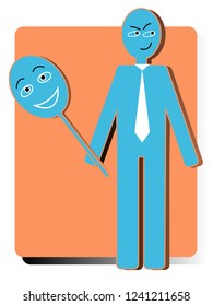 drawing with a stylized figure of a man with a mask in his hand, can be used in the form of infographics for the design of presentations