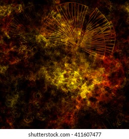 Drawing stylized leaves and feathers light lines on a dark geometric background. Backdrop of the squares. Openwork pattern. It creates a mystical and dreamlike mood. Seamless abstract texture