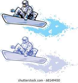 Drawing of a stylized snowboarder in two colour schemes.