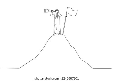 Drawing of success arab man hold spyglass stand beside flag on mountain concept of opportunity. Continuous line art