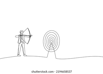 Drawing of successful businessman aiming target with bow and arrow. Single line art style
