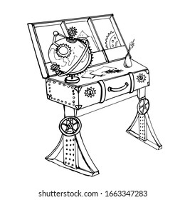 Drawing of a suitcase and a globe in the steampunk style. The suitcase turns into a camp table. Vector black sketch. Hand-drawn. Isolated on a white background. Coloring book for children and adults.