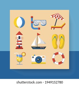 Drawing of summer beach icons travel, symbol of travel in cartoon character, isolated flat vector illustration