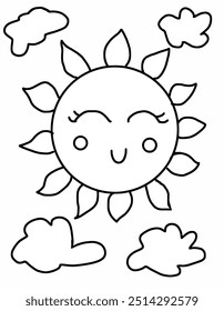 a drawing of a sun with clouds printable colouring page illustration