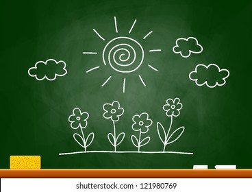 Drawing of sun and flowers on blackboard