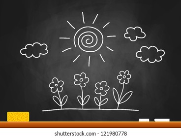 Drawing of sun and flowers on blackboard