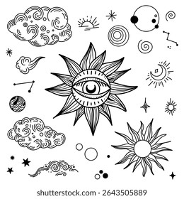 Drawing with the sun, moon and stars. Vector illustration of yellow and blue colors. The zodiac star.