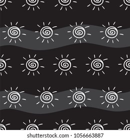 Drawing sun on black striped background. Pattern painting sun on black background. Hand drawing sun pattern