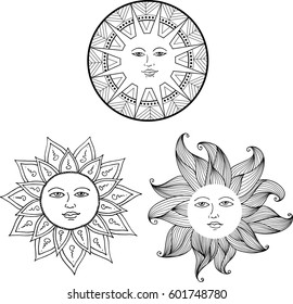  drawing of the sun with smiling face set. Vector illustration.