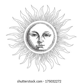 drawing the sun stylized engraving