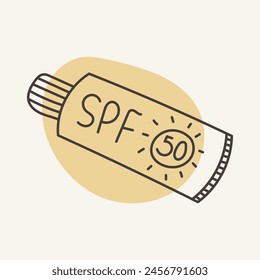 Drawing of sunscreen with 50 SPF. The icon is perfect for summer and beach designs.