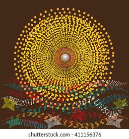Drawing sunset in the sea
Drawing on a brown background sunset on the sea is drawn in the style of puantizm yellow sun, waves off naval stars for decoration and design
