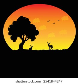 drawing sunset , tree ,bird, with grass and deer design vector illustration