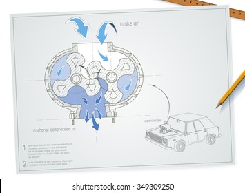 Drawing with supercharger in car. Vector illustration