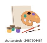 Drawing supplies. Art tools, canvas, paint pallette, brushes, paintbrushes. colour jars, materials composition. Creative painting hobby. Flat vector illustration isolated on white background