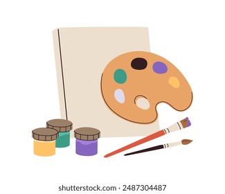 Drawing supplies. Art tools, canvas, paint pallette, brushes, paintbrushes. colour jars, materials composition. Creative painting hobby. Flat vector illustration isolated on white background